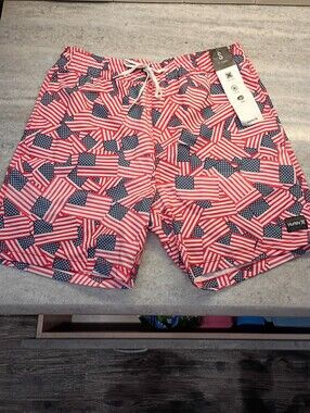 Hurley Men’s Red & Blue American Flag Swim Trunks Size Small New